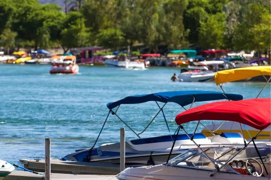 Several colorful boats on Lake Havasu, Arizona.
