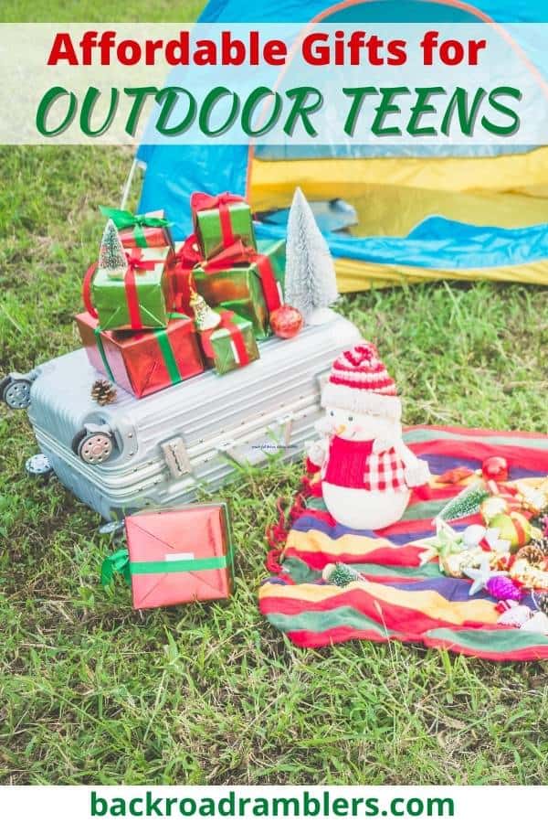 A tent with brightly colored packages in front of it. Caption reads: Best outdoor gifts for teens.