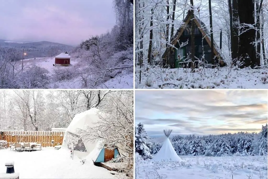 A collage of photos featuring winter glamping in New York