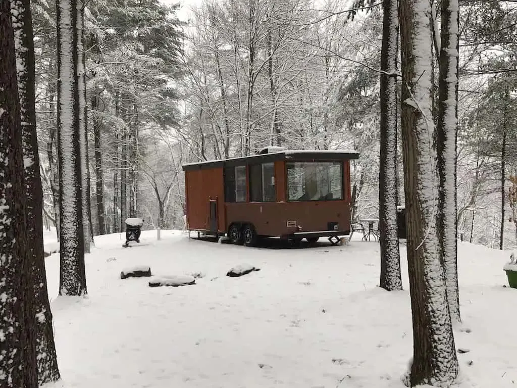 A tiny glamping house for rent in Leeds, NY. Photo credit: Airbnb