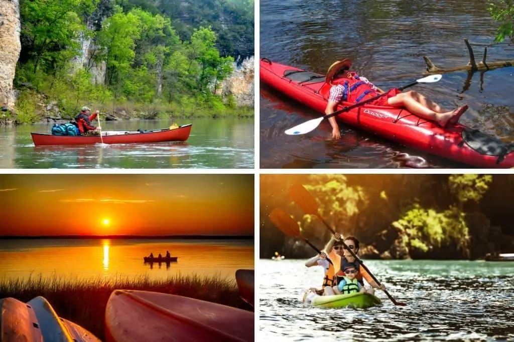 A collage of photos featuring canoeing and kayaking