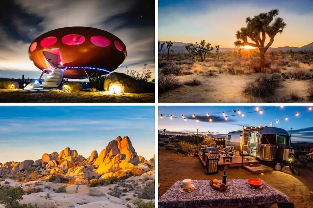 A collage of photos featuring Joshua Tree National Park and Joshua Tree glamping