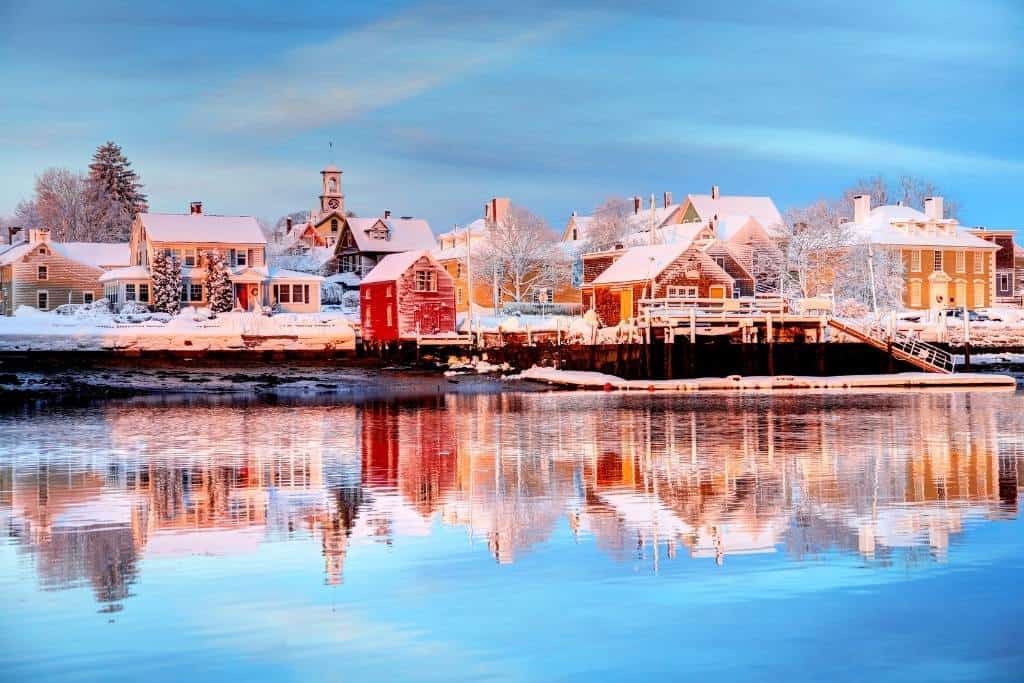 Portsmouth NH Harbor in the winter covered with snow.