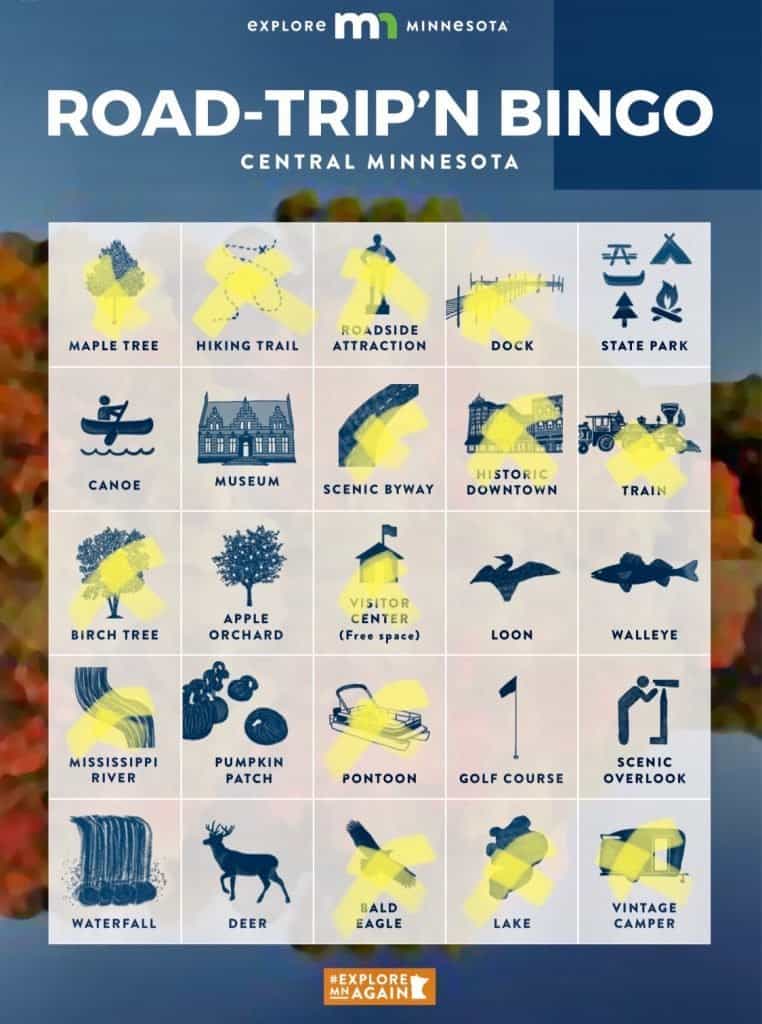 A bingo card featuring things to do in St. Cloud MN