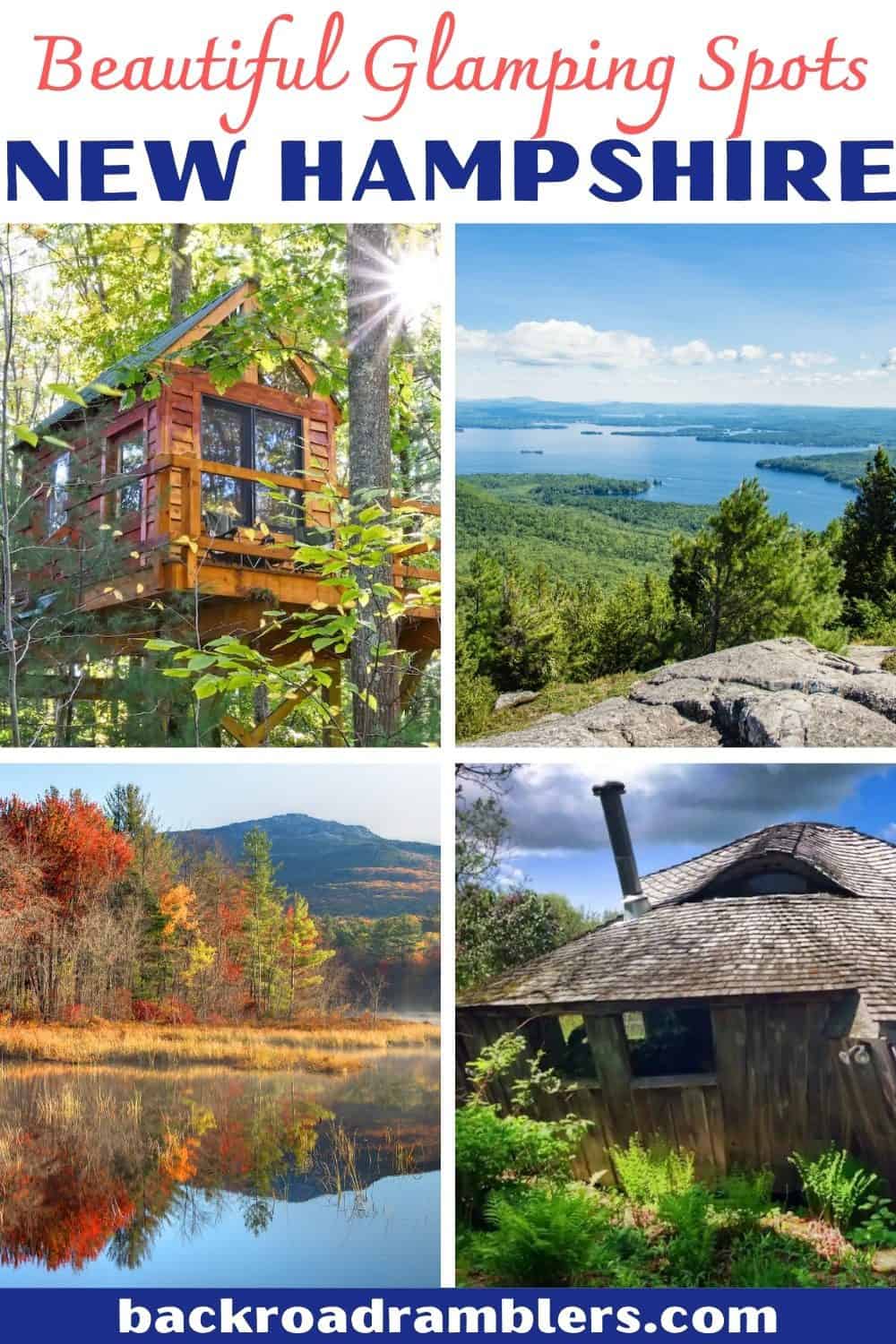 A collage of photos featuring New Hampshire glamping destinations