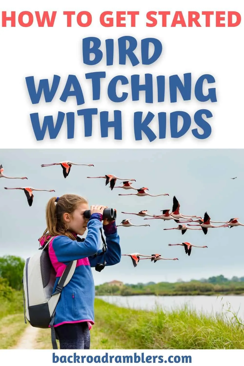 a girl looks through binoculars at spoonbills flying by. Text overlay: How to Get Started Bird Watching with Kids