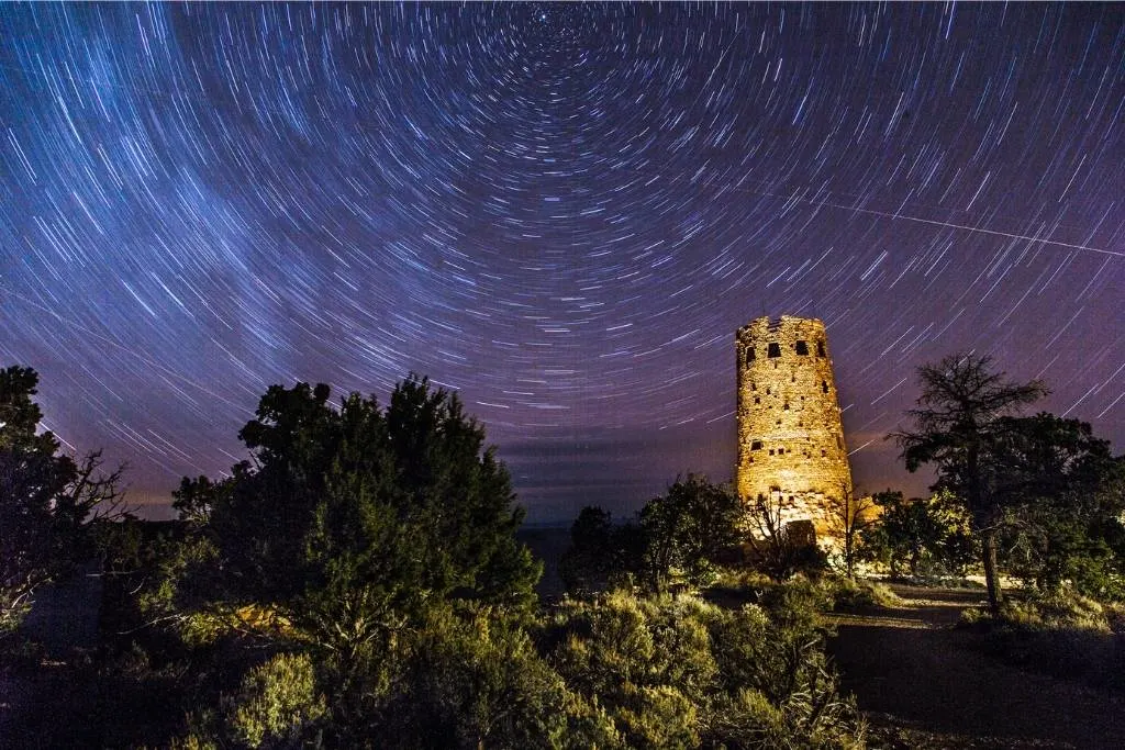 Star trails behind Desert View Watchtower in Grand Canyon National Park