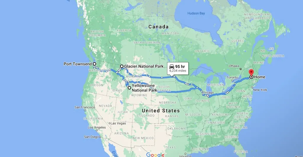 A screenshot of a Google Map showing a cross country road trip.