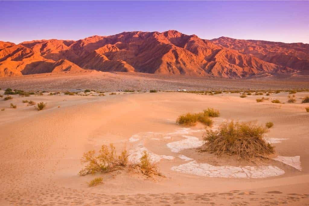 Sunset at Badwater Basin in Death Valley National Park in the winter.