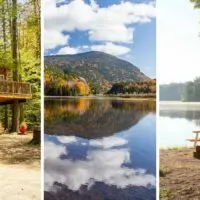 A collage of photos featuring glamping in New Hampshire.