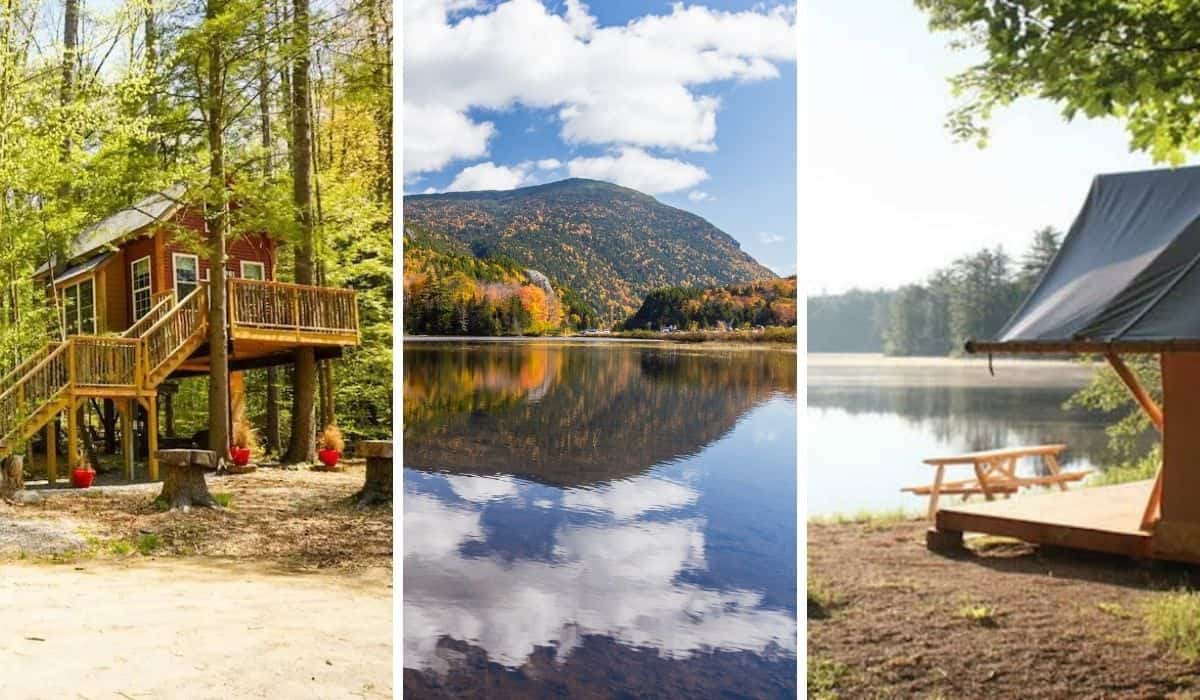 A collage of photos featuring glamping in New Hampshire.