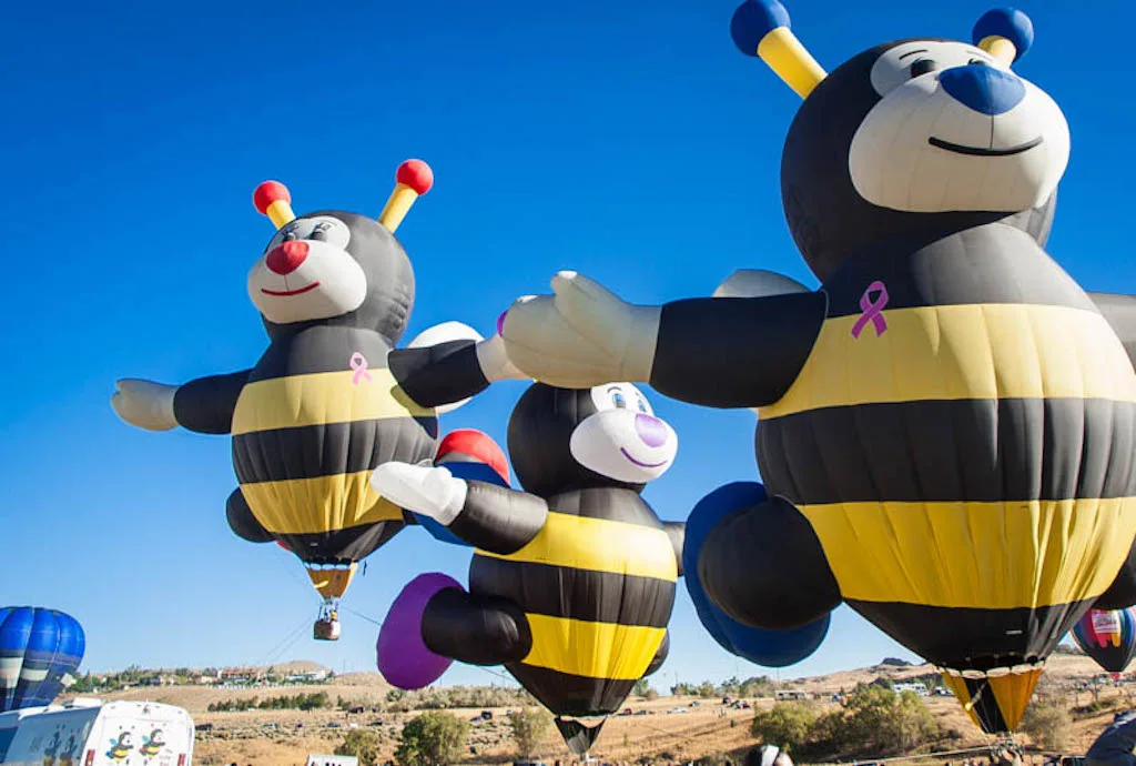 Several hot air balloons shaped like bumble bees in the sky during the Great Reno Balloon Race.