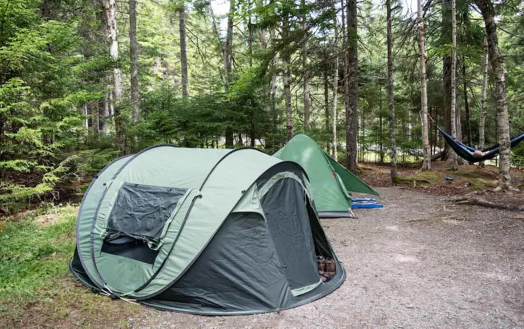 A small tent set up in a Fundy National Park campground.
