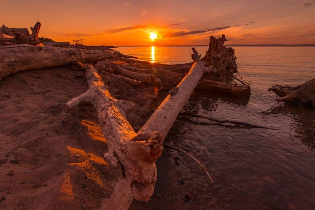 Sunset on the shore of Lake Superior in Michigan.