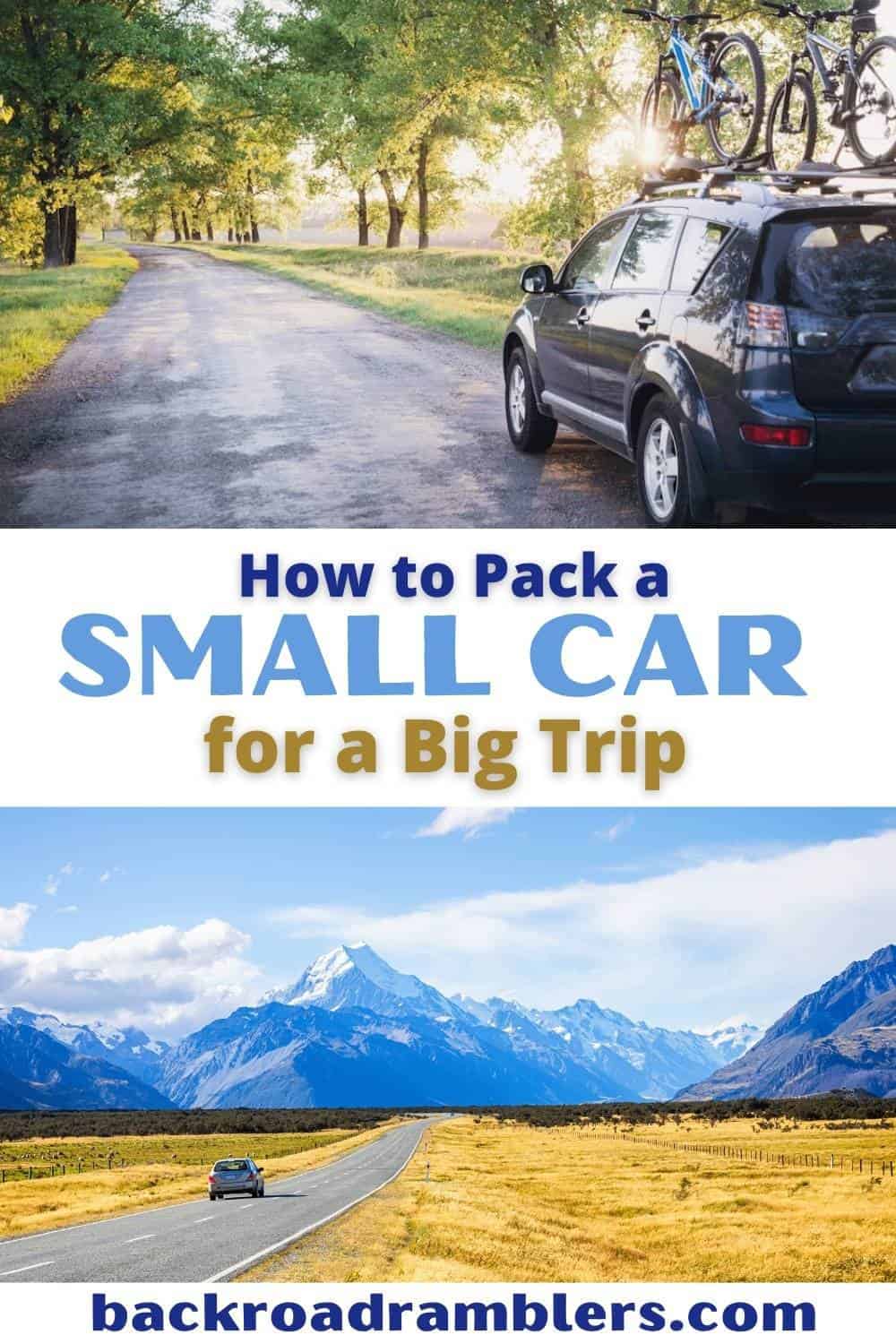 a collage of photos featuring car packing hacks for long road trips in a small car.