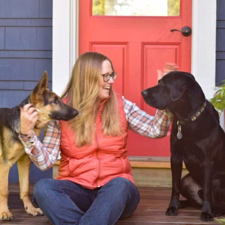 Tara Schatz sits with her two dogs, Gatsby and Flynn.
