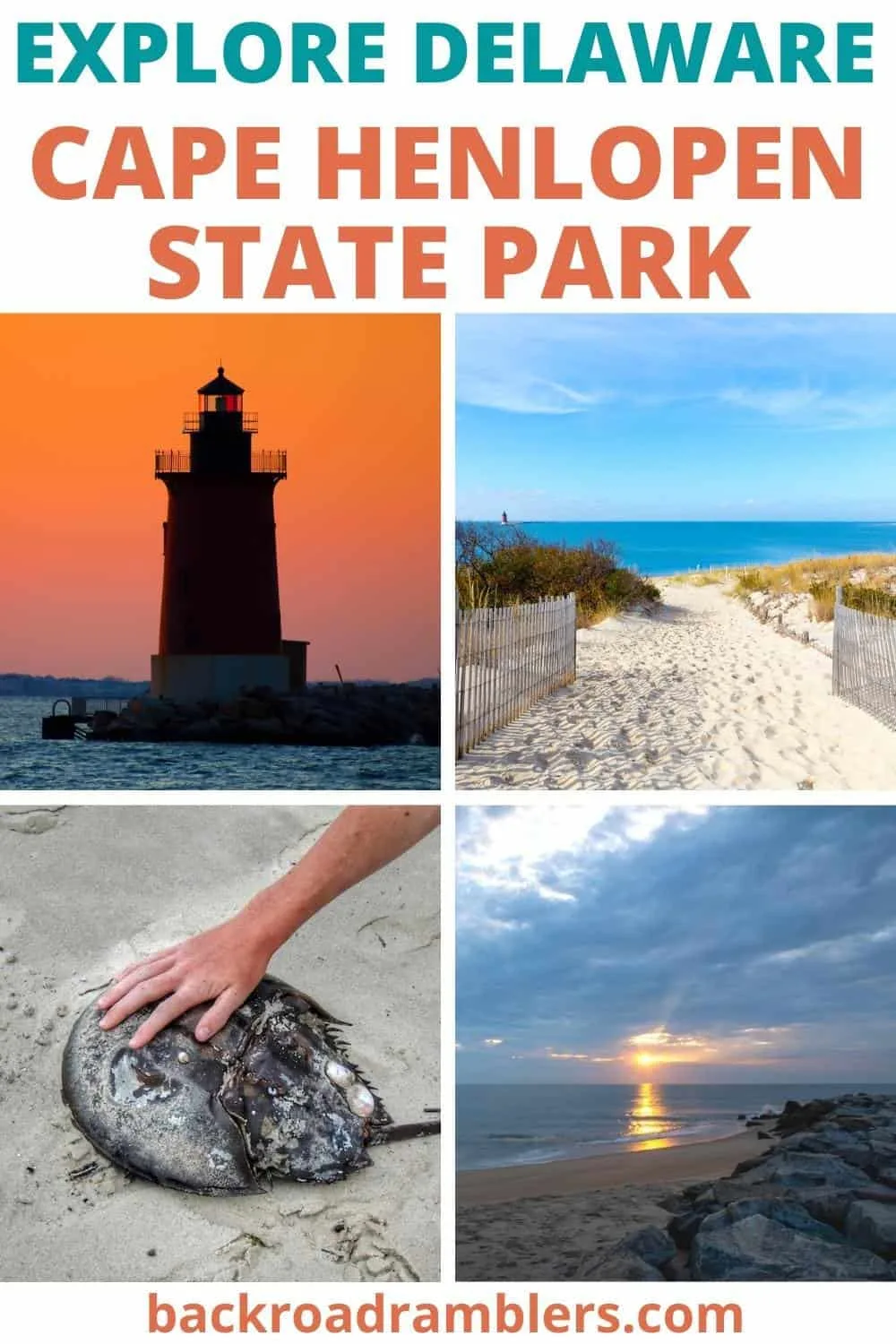 A collage of photos featuring Cape Henlopen State Park. Text overlay: Explore Delaware - Cape Henlopen State Park