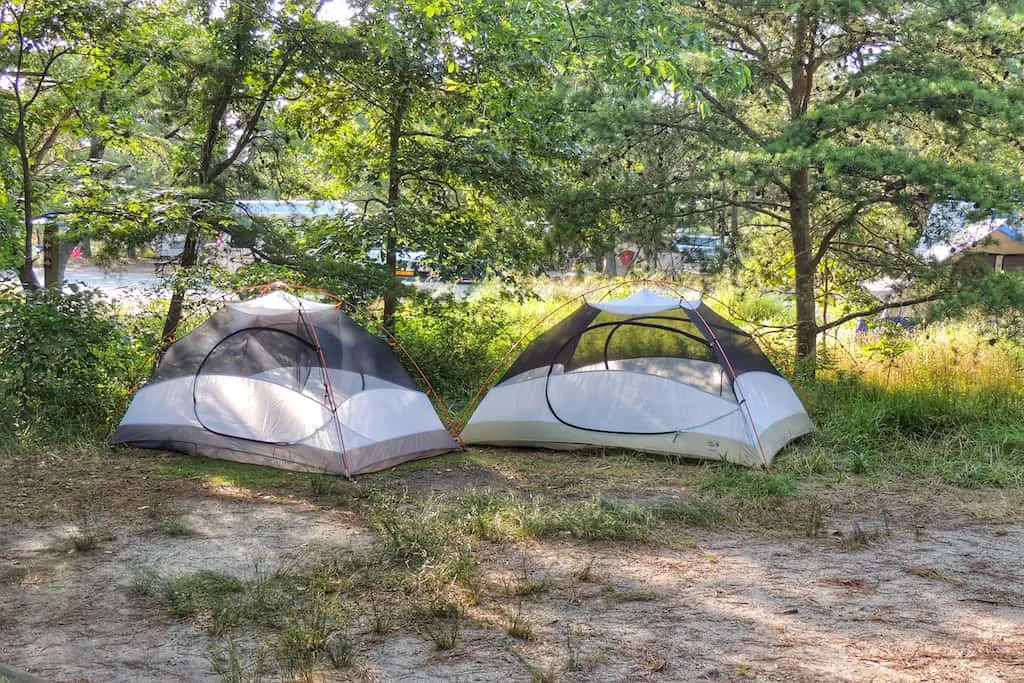 Two small tents set up under the trees at the Cape Henlopen State Park campground.