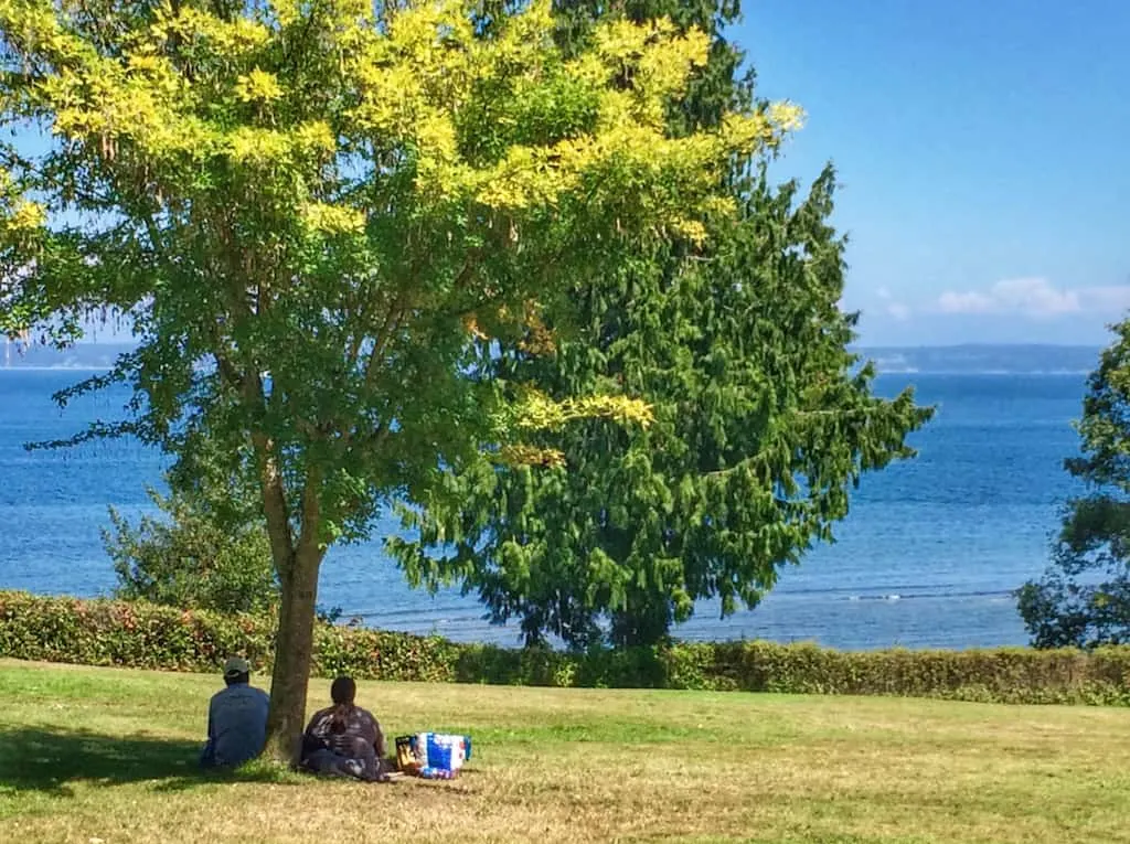 Two people sitting under a tree having a picnic in Chetzemoka Park in Port Townsend, Washington.