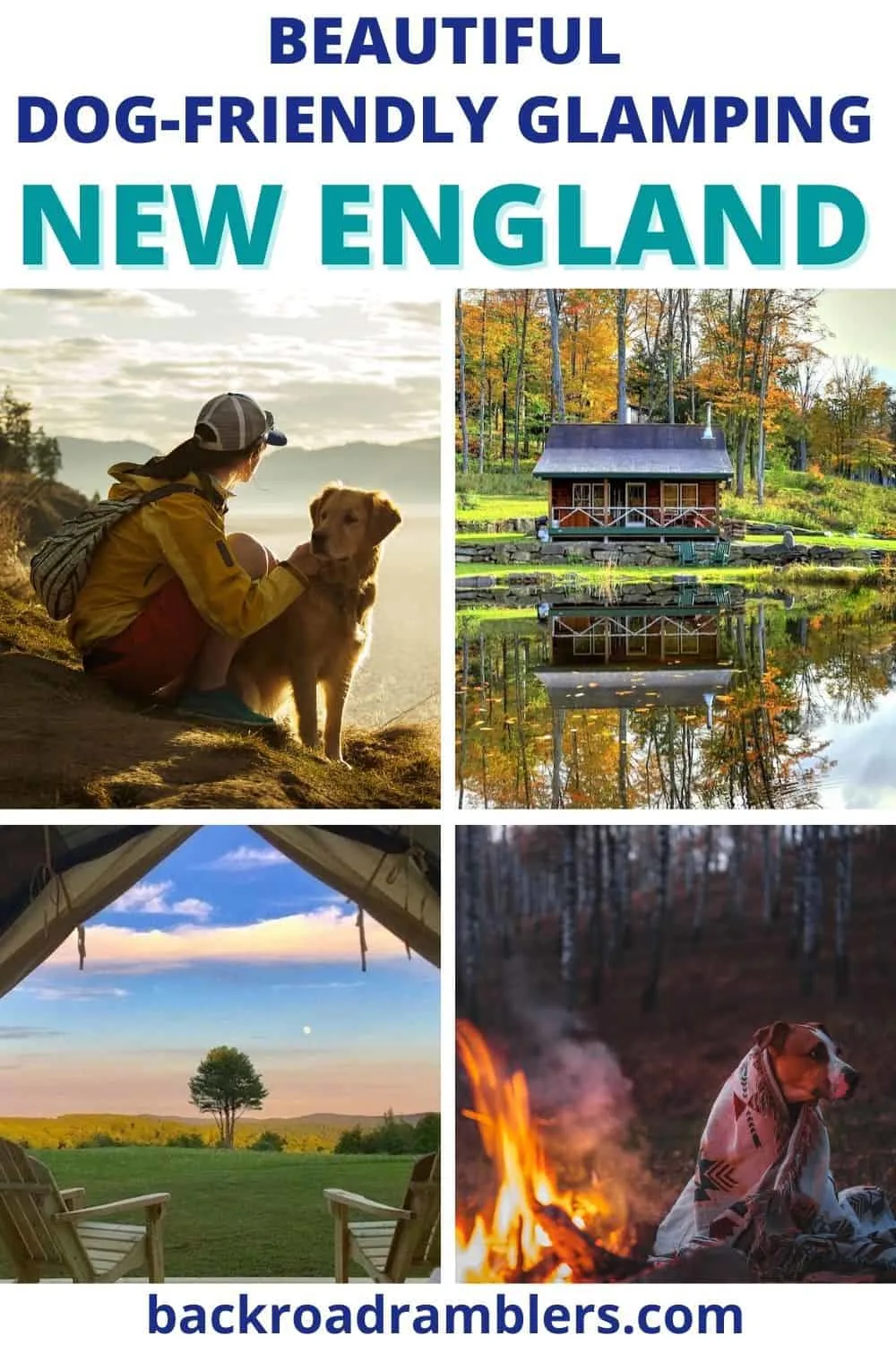 A collage of photos featuring glamping spots in New England that allow dogs. Photo credit to VRBO and Tentrr.