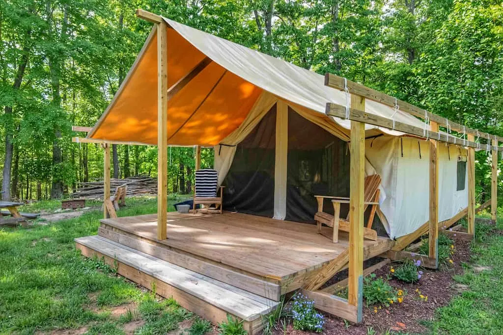 One of the canvas glamping tents in Explore Park, Roanoke, Virginia.