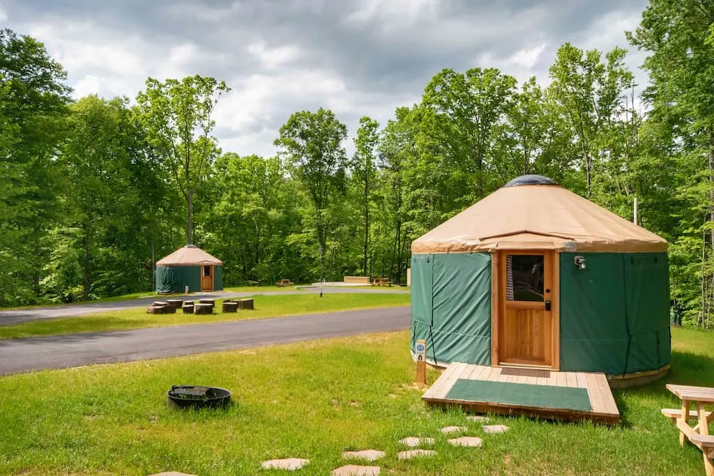 Yurts available for rent in Explore Park, Roanoke, Virginia.