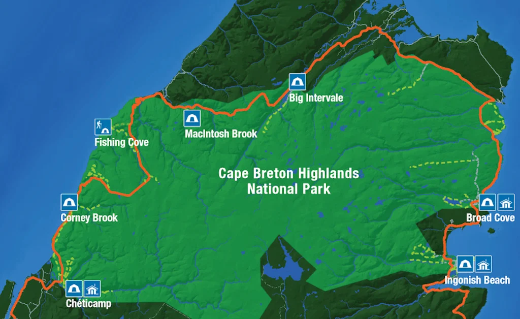 A map of all the campgrounds in Cape Breton Highlands National Park.