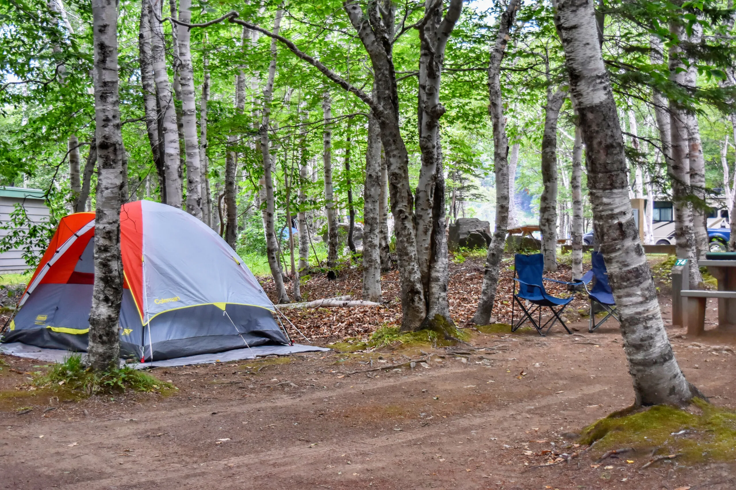 A tent in Cheticamp Campground in Cape Breton Highlands Naitonal Park.