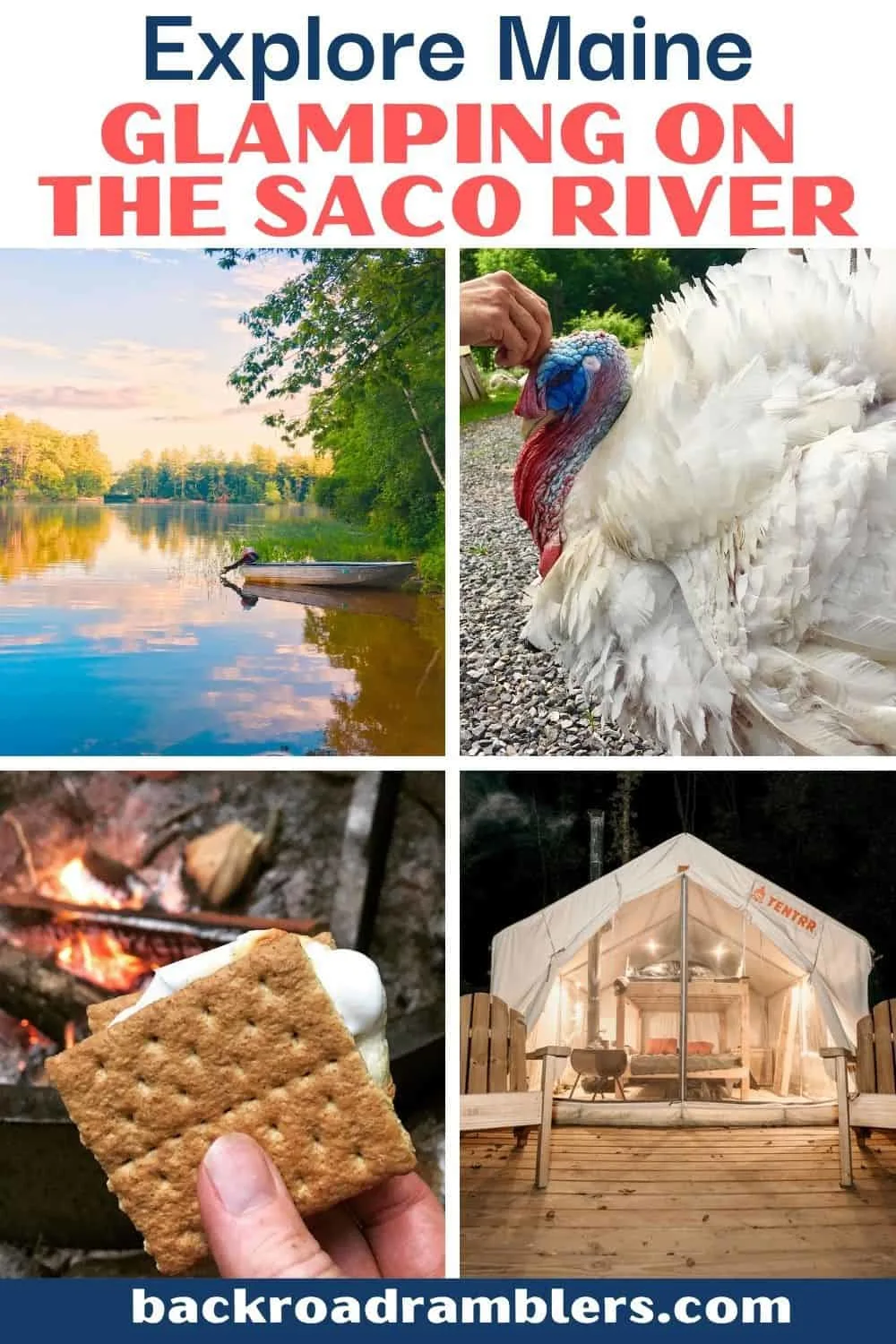 A collage of photos featuring a glamping spot on the Saco River in Maine. Text Overlay: Explore Maine! Glamping on the Saco River