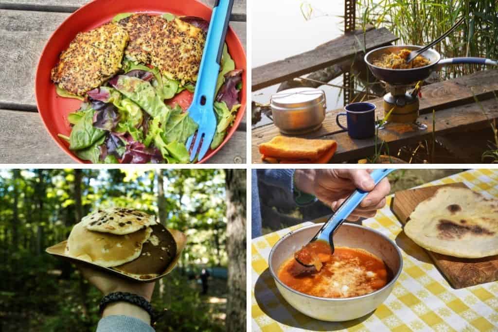 A collage of photos featuring easy car camping meals for families.