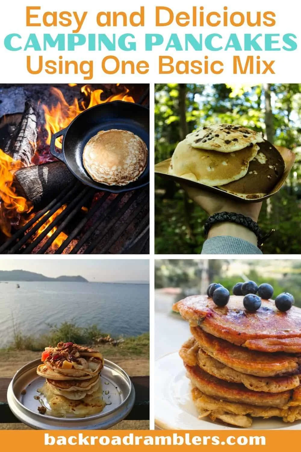 A collage of photos featuring camping pancakes. 