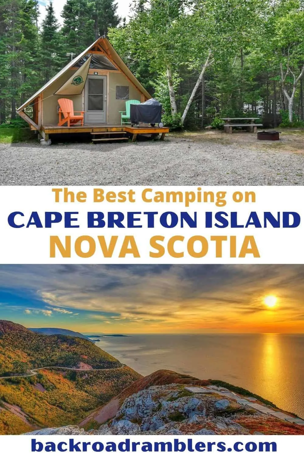 A collage of photos featuring camping in Cape Breton Highlands National Park. Text Overlay - Best Camping on Cape Breton Island, Nova Scotia.