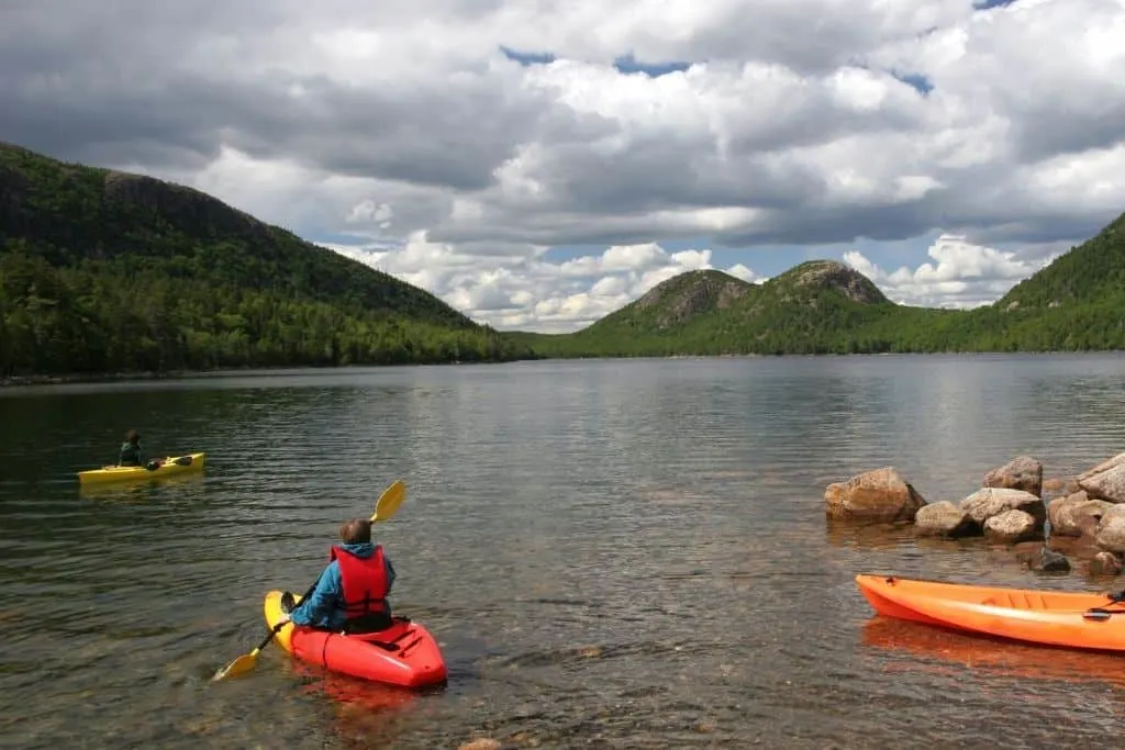 A few kayakers on Jordon Pond in Acadia National Park.
