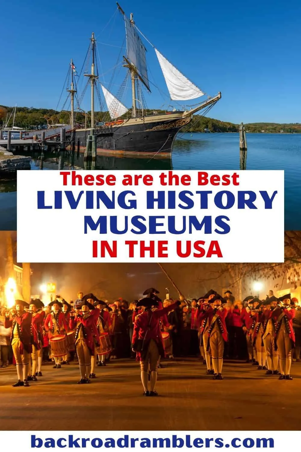 A collage of photos featuring living history museums in the United States