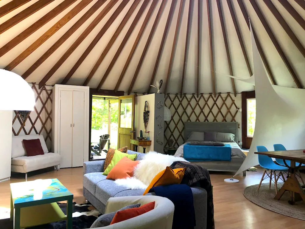 The inside of a yurt rental in Ulster Park New York. 