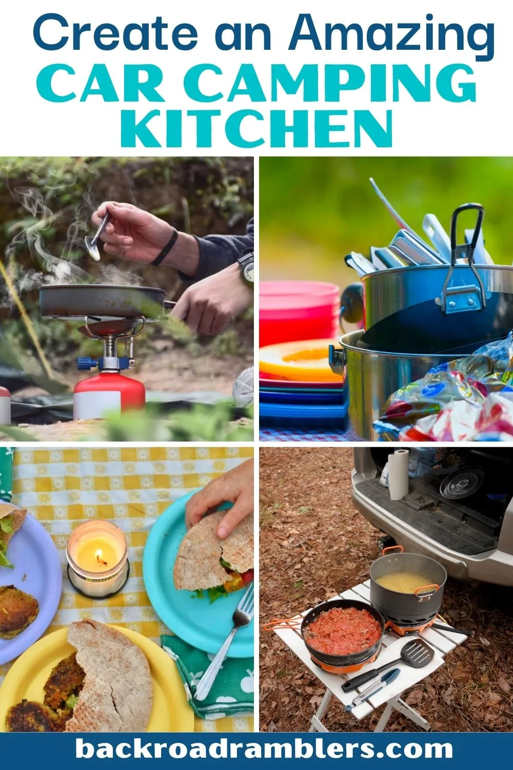 A collage of photos featuring outdoor camping kitchens. Caption reads: Create an amazing car camping kitchen.