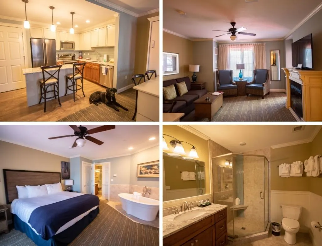 A collage of photos featuring the interior of the suites available at RiverWalk Resort at Loon Mountain in Lincoln, New Hampshire.