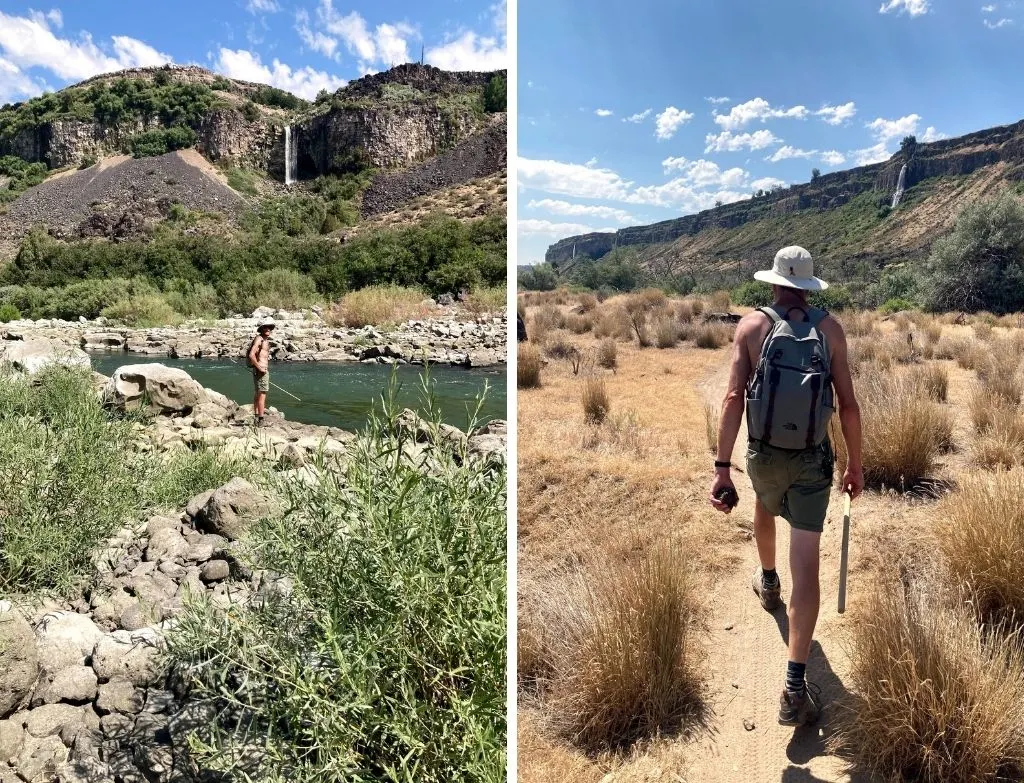 Two photos featuring the trails near Auger Falls in Twin Falls, Idaho. The trail is sandy and you can see waterfalls in the distance.