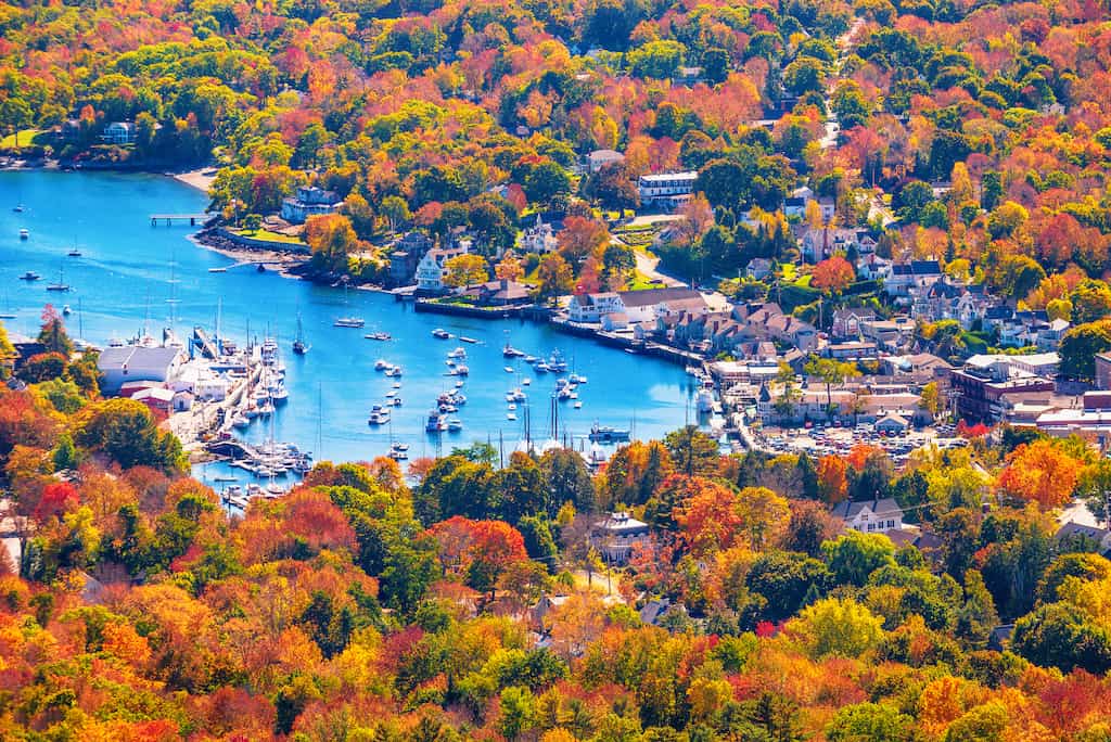 A fall view of Camden Harbor in Maine.