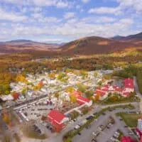 An aerial view of RiverWalk Resort at Loon Mountain and the town of Lincoln, New Hampshire