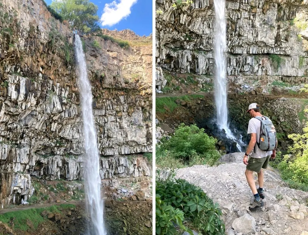 Two photos side-by-side featuring Perrine Coulee Falls in Twin Falls, Idaho.