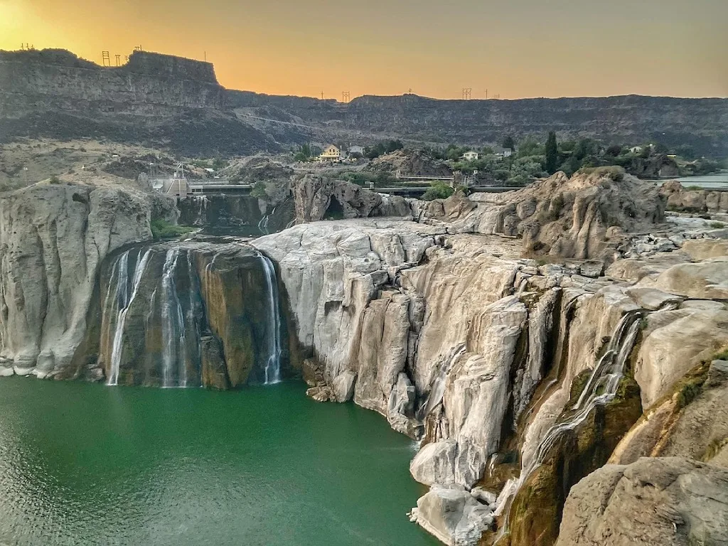 A sunset view of Shoshone Falls in Twin Falls, Idaho. The photo was taken in July so the water level is low.