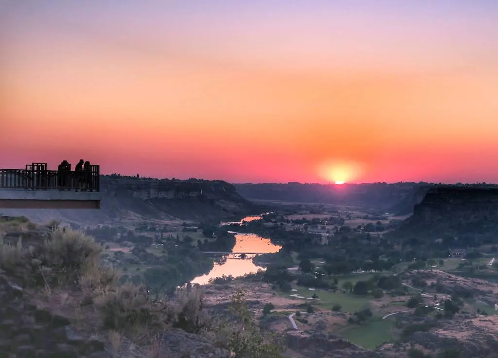 A sunset view of the Snake River Canyon as seen from the Twin Falls Visitor Center in Idaho.