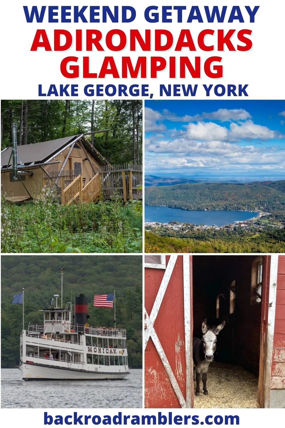 A collage of photos featuring Adirondacks glamping photos. Text overlay: Adirondack Glamping in Lake George, New York.