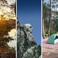 A collage of photos featuring camping near Mount Rushmore in South Dakota.