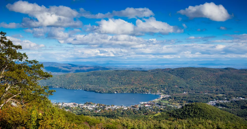 A autumn view of Lake George from Prospect Mountain in New York.