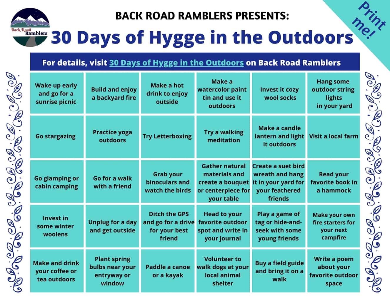 30 Days of Hygge in the Outdoors calendar
