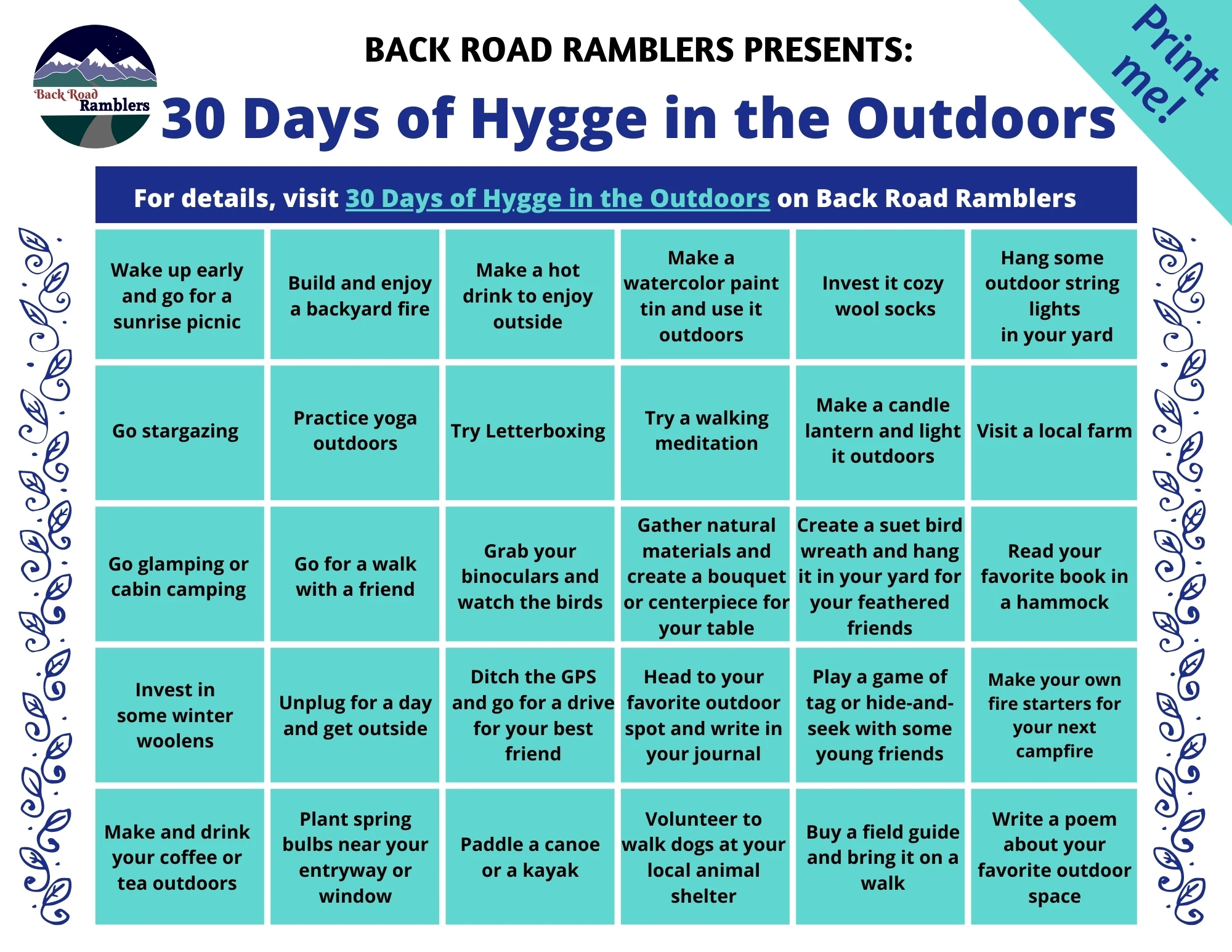 30 Days of Hygge in the Outdoors calendar