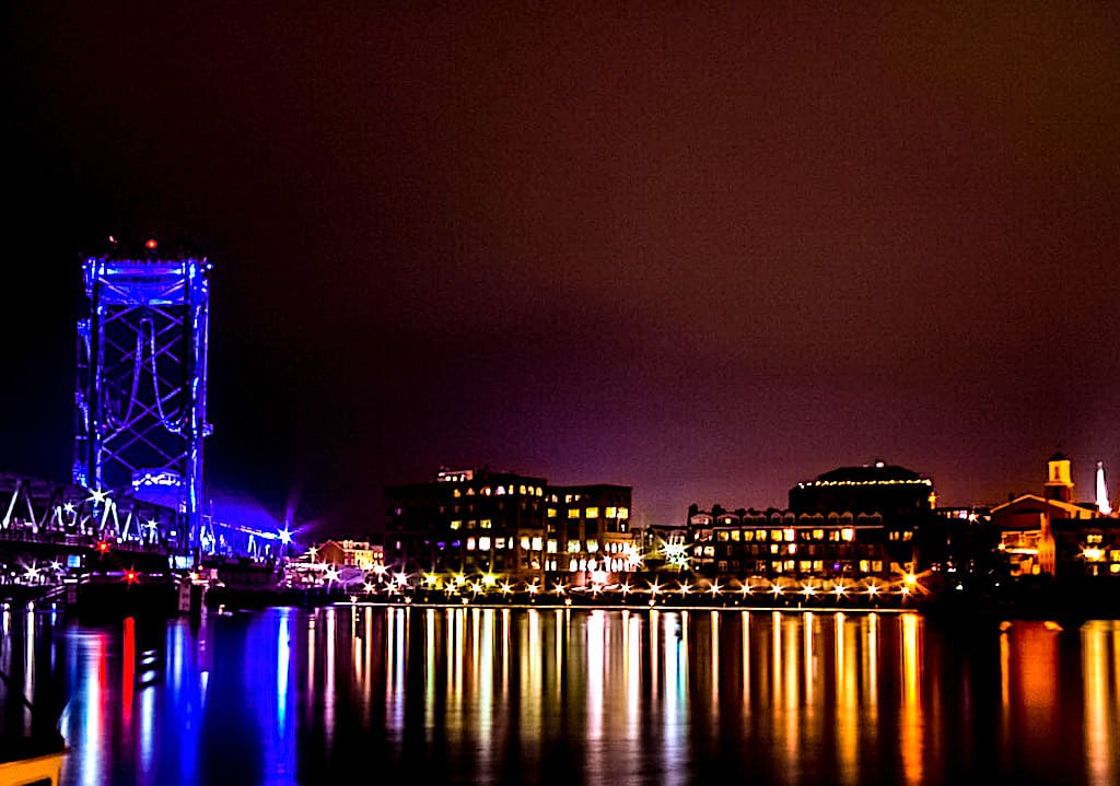 Downtown Portsmouth NH at night.