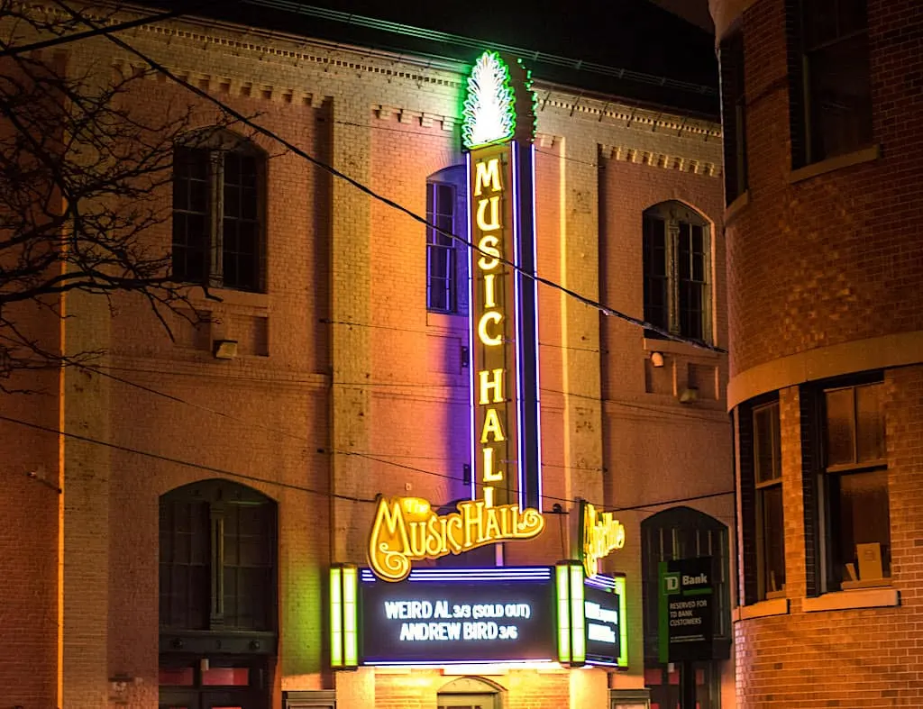 The marquee sign in front of the Music Hall in Portsmouth, NH.